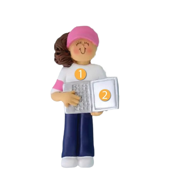 Brunette female figurine in pink hat and white shirt holding a laptop for Christmas Ornaments & Tree Decorations collection