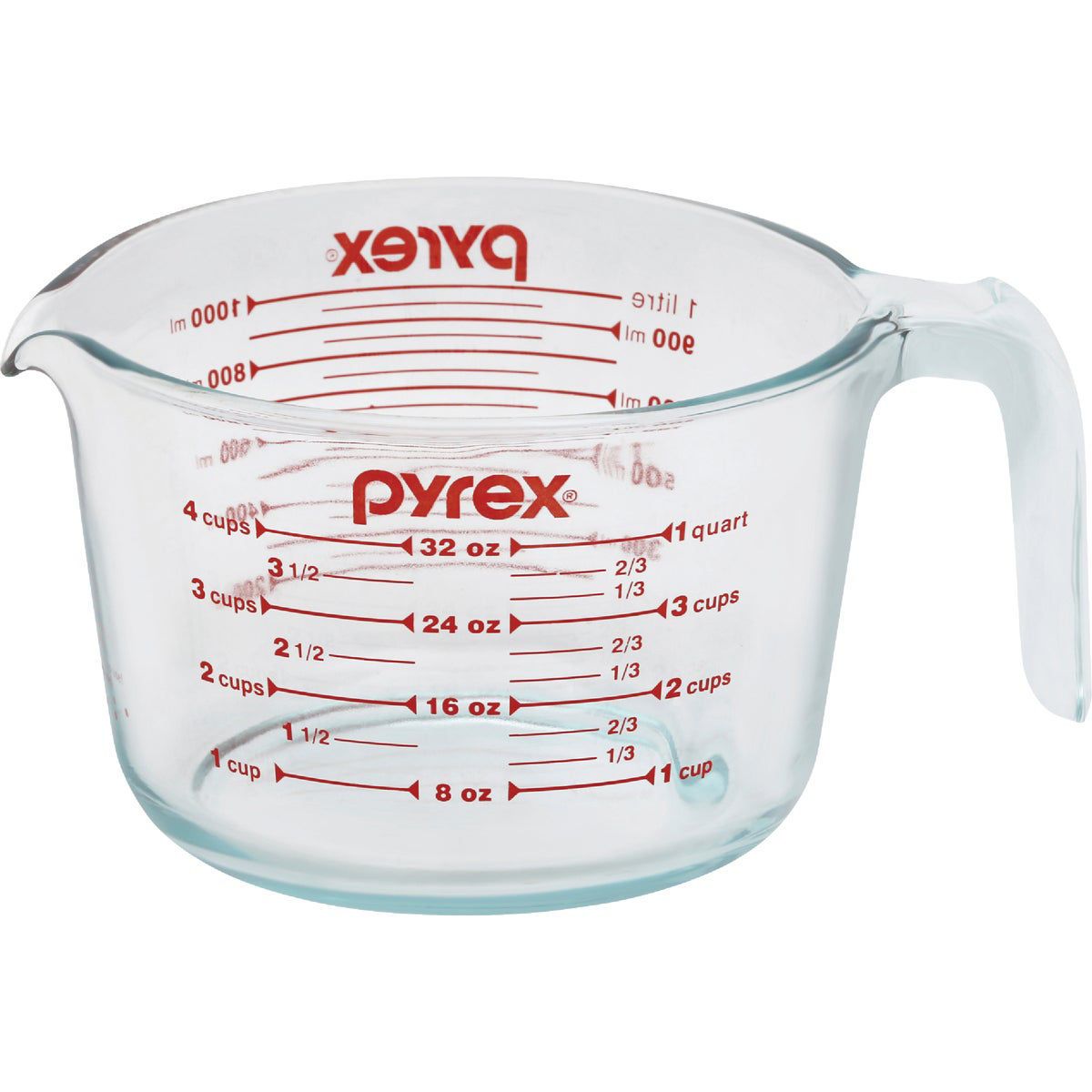 Clear glass measuring cup with red measurement markings and handle for kitchen gadgets and tools under $50 collections