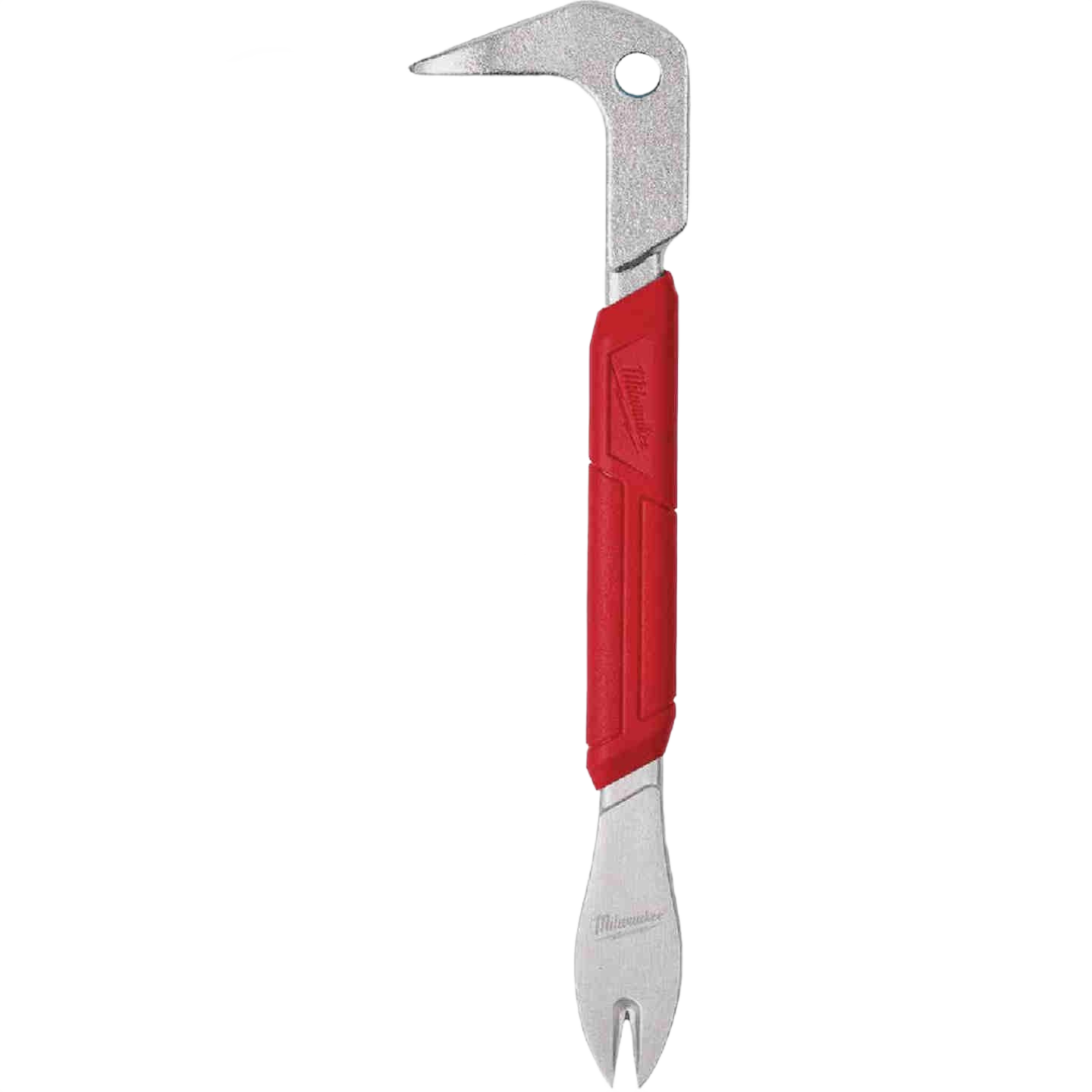 Red-handled metal nail puller with curved claw and ergonomic grip for tools and home improvement use