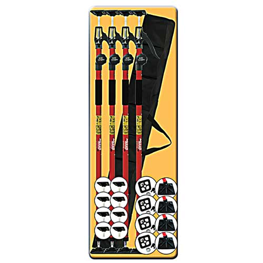 Set of four red and black clamping poles with various clamp heads and a carrying bag for tools and home improvement use