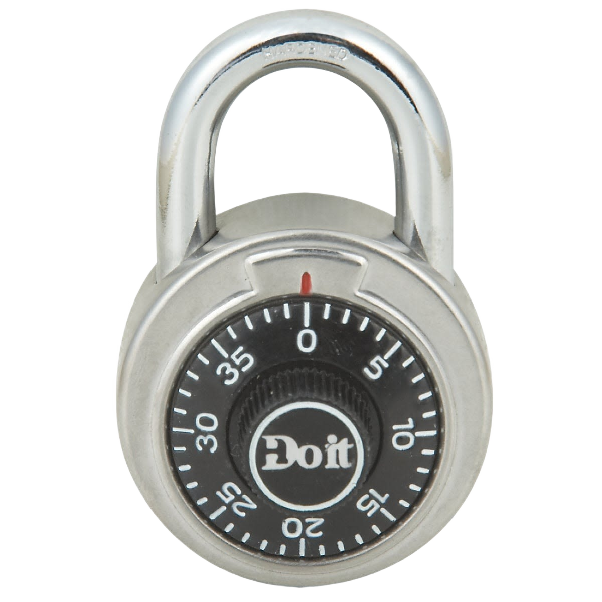 Silver combination lock padlock with black numbered dial and branded center for home improvement and tools use