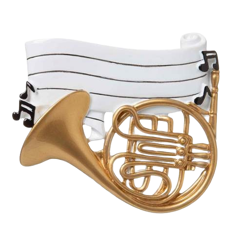 Gold French horn ornament with personalized musical notes on curled sheet for Christmas decor under $50