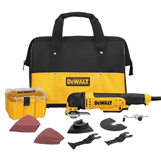 Black and yellow multi-tool kit with carrying bag, sanding pads, and various tool attachments for home improvement tasks
