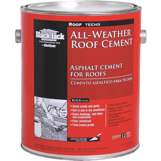 Red metal can of black jack all-weather asphalt roof cement for sealing cracks and roof repairs in hardware and home improvement.