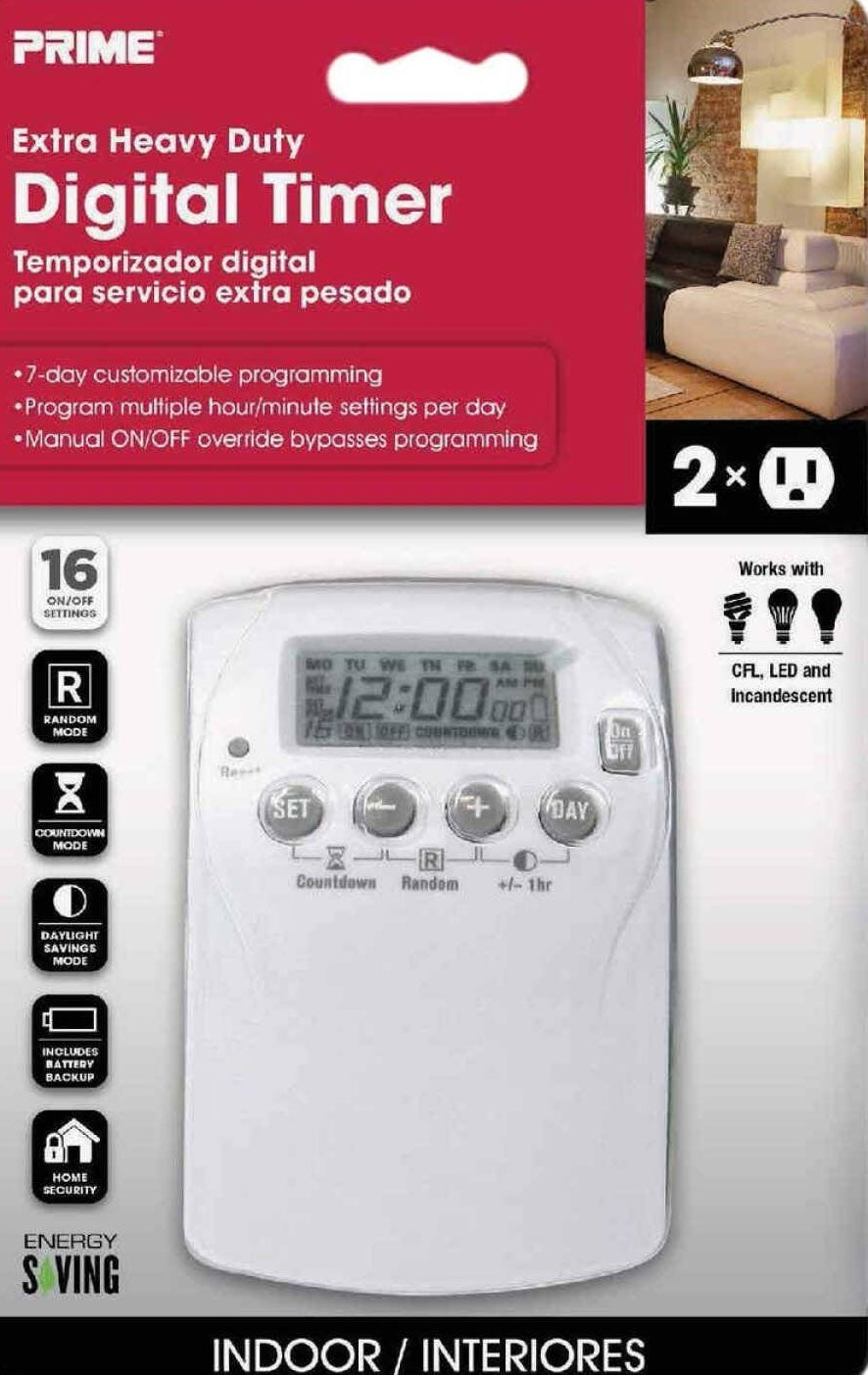 White digital timer with customizable 7-day programming and multiple mode settings for indoor home improvement use