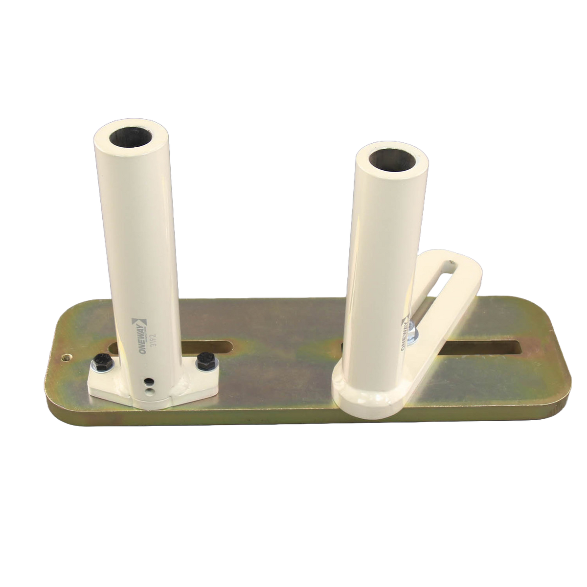 Metal base plate with two cream-colored vertical cylindrical holders for woodworking coring system tools
