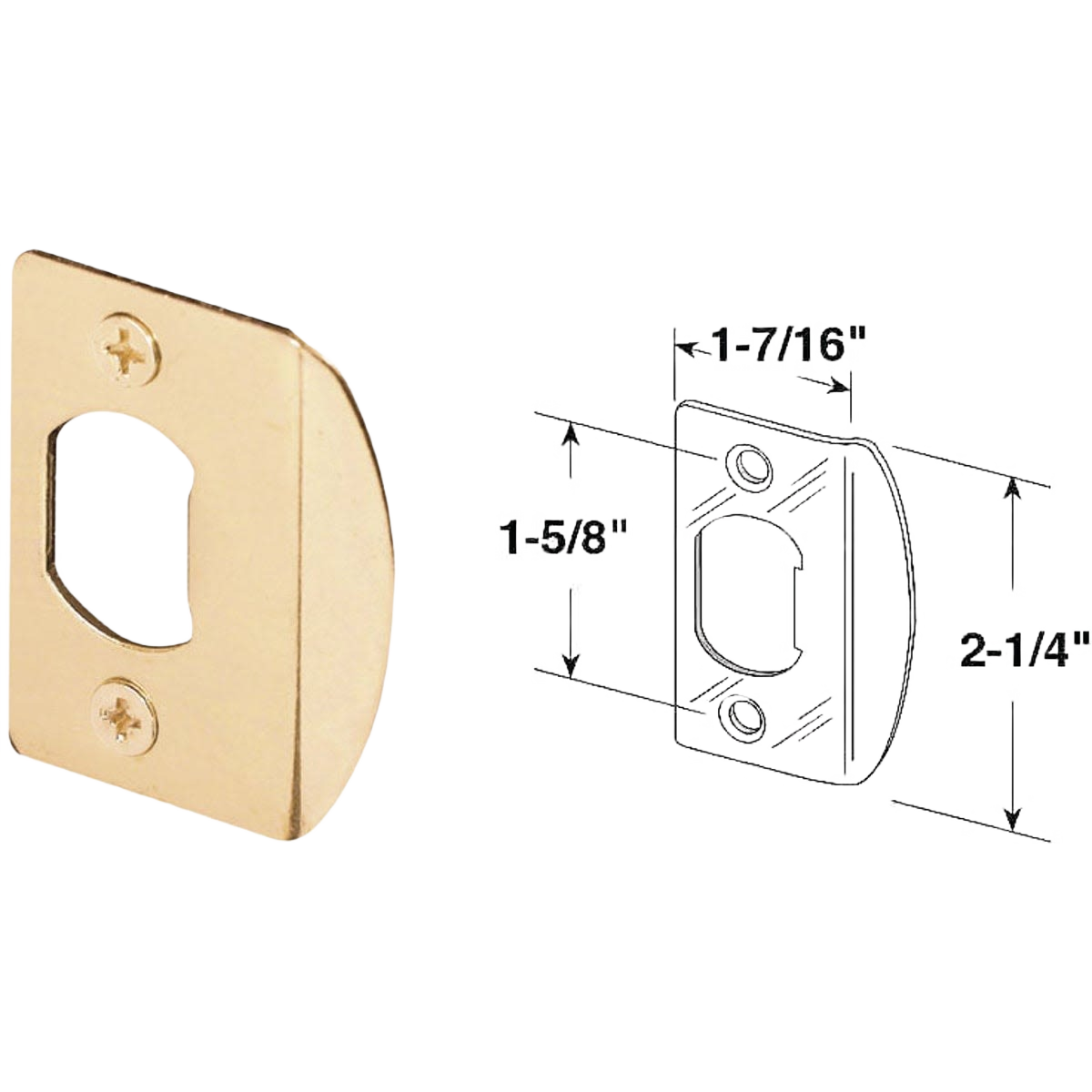 Brass strike plate with mounting screws and dimensional drawing for hardware and deadbolt installation tools collections