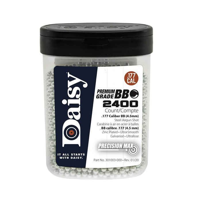 Clear plastic container of .177 caliber premium grade steel BBs with black lid for airgun use and home improvement tasks