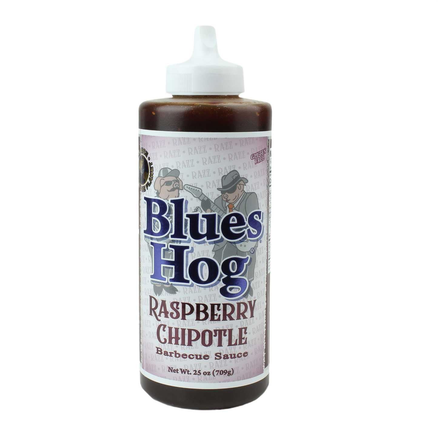 Bottle of Blues Hog Raspberry Chipotle gluten-free barbecue sauce with white squeeze cap and labeled branding design