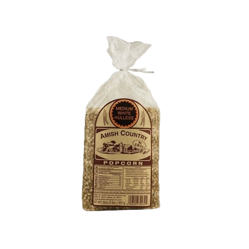 Clear plastic bag of medium white hulless popcorn kernels with brown label in food and beverage collection