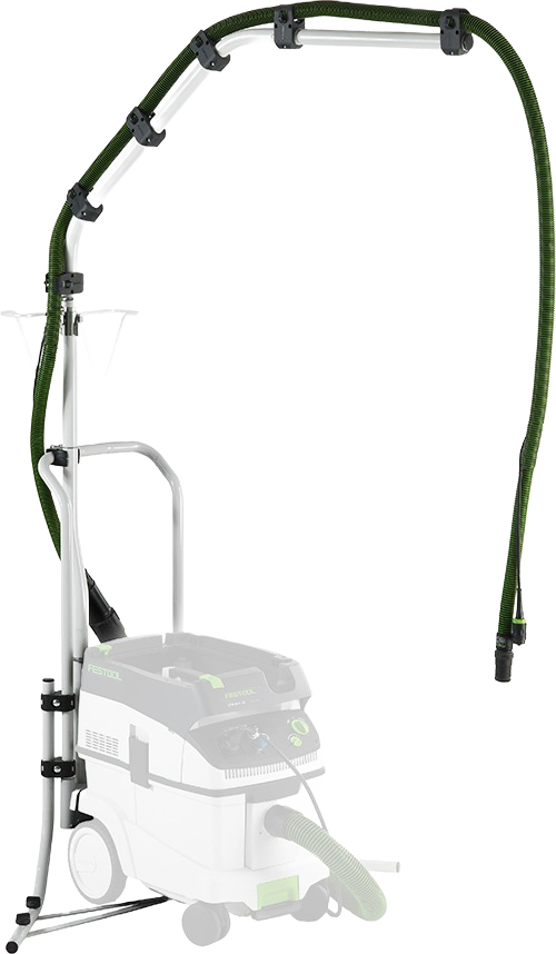 Adjustable white metal boom arm with green hose for dust collection in woodworking and shop vacuum accessories collection