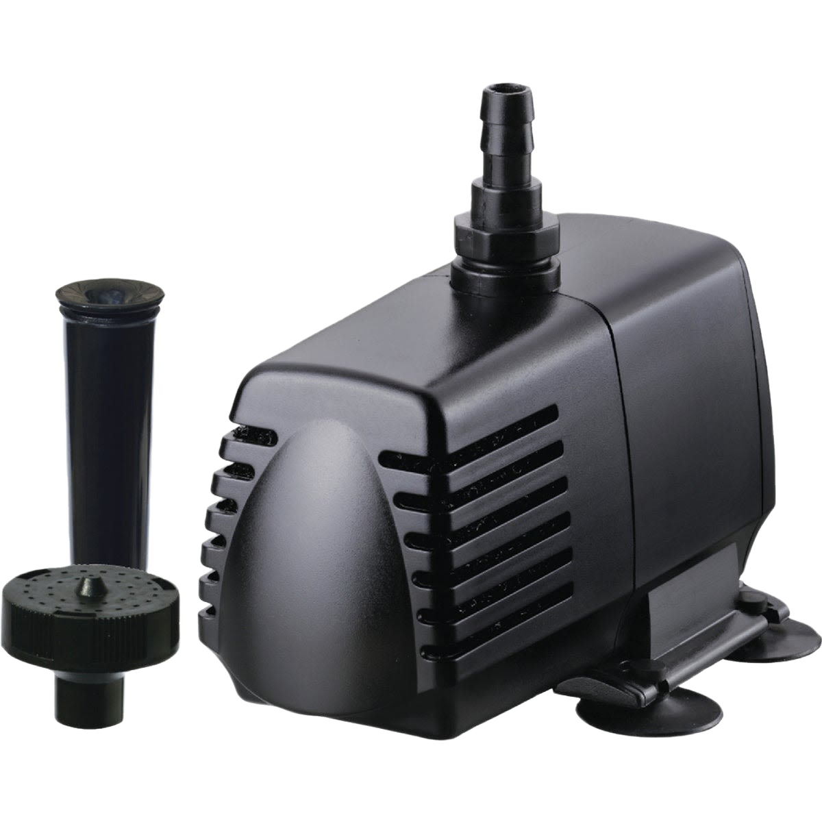 Compact black pond pump with variable flow fountain head attachments for garden and lawn water features under $100