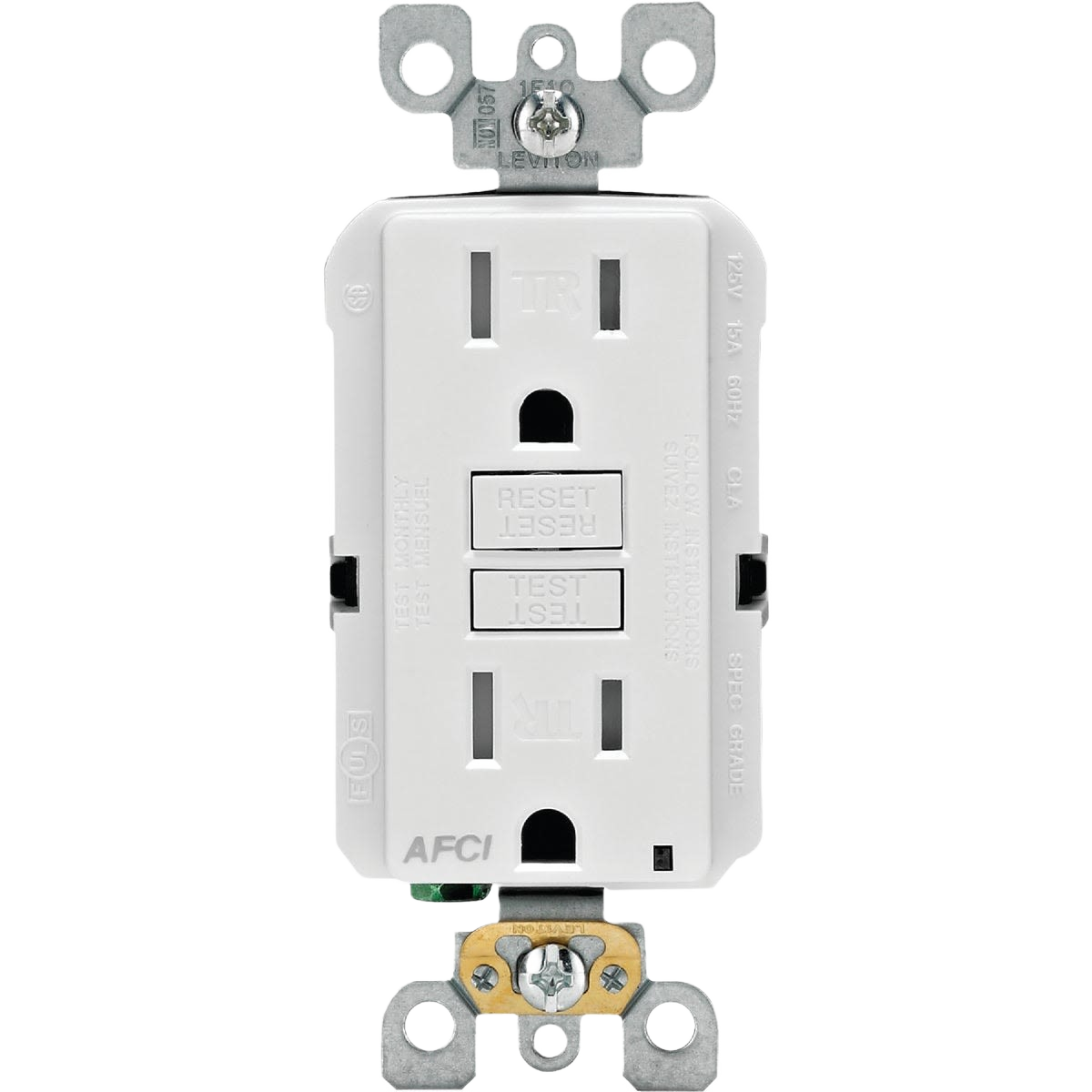 White arc fault duplex electrical outlet with reset and test buttons for enhanced home safety and improvement projects