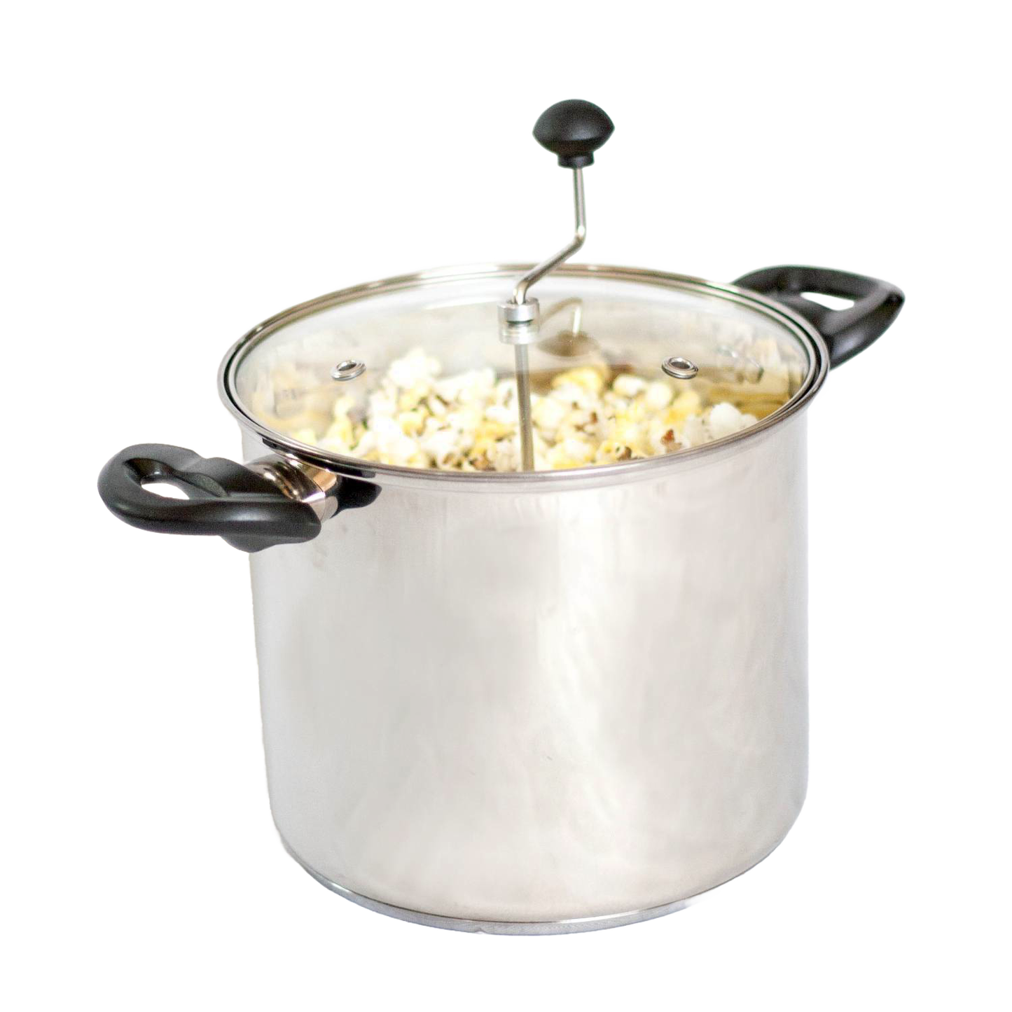 Stainless steel popcorn popper with clear lid, crank stirrer, and black handles for home kitchen appliances collection