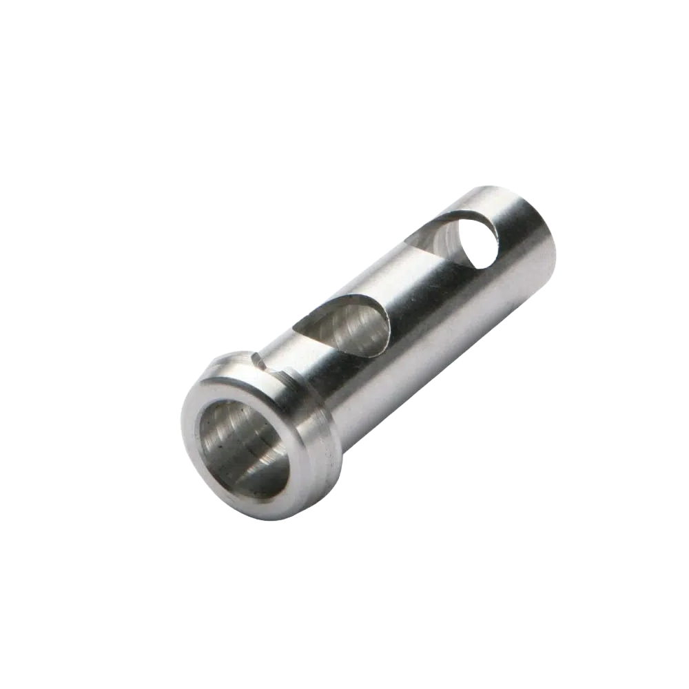 Silver metal collet adapter with hollow cylindrical shape and precision-machined holes for woodworking tools and home improvement