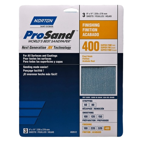 Three-pack of 400-grit Norton Prosand sanding sheets for smooth finishing in sandpaper and home improvement collections
