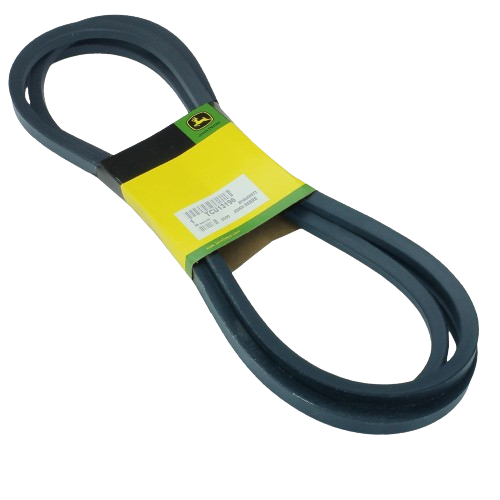 Black mower deck drive belt with yellow and green label for automotive and mechanic tool use under $100 collection