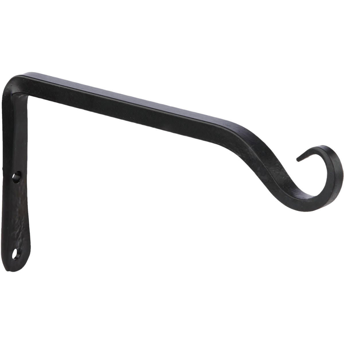 Black powder-coated wrought iron bracket with curved hook for hanging plants in outdoor living and garden collections