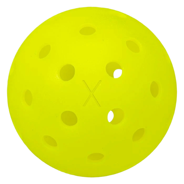 Bright yellow plastic pickleball with multiple holes designed for outdoor recreational sports and backyard games