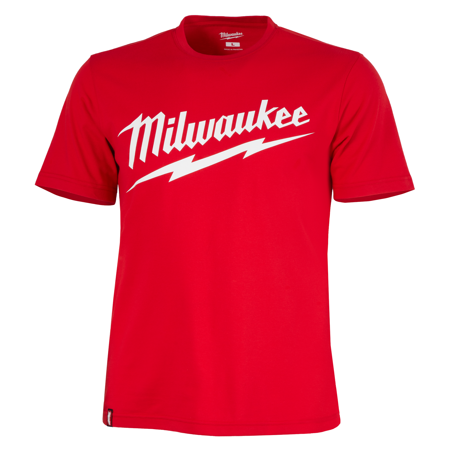 Red short sleeve shirt with white Milwaukee script logo for clothing and Milwaukee Apparel collections