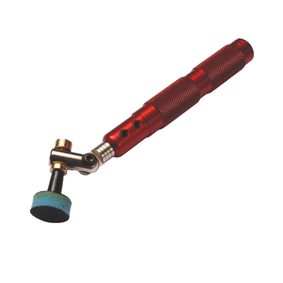 Compact red precision sanding tool with adjustable head and foam sanding pad for woodworking projects under $100