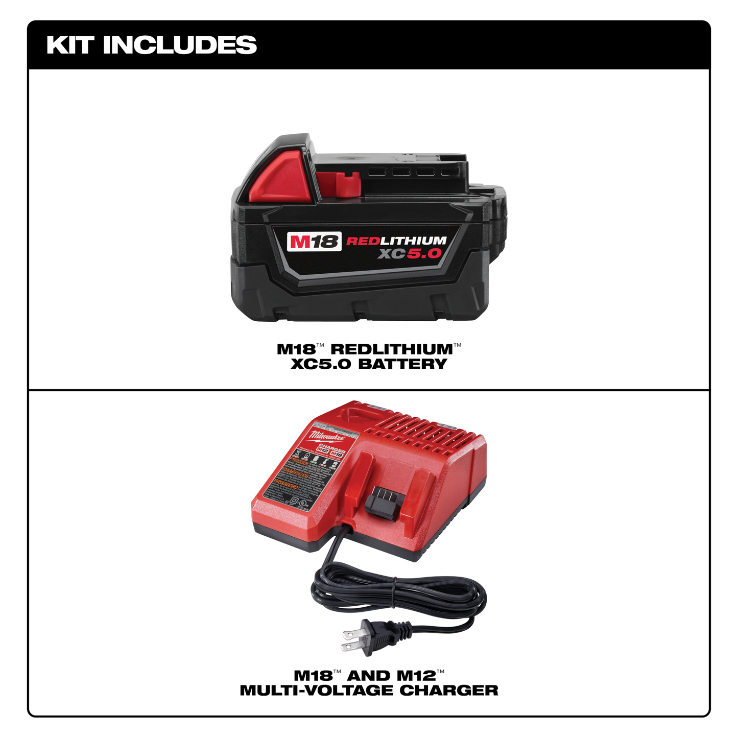 Black and red M18 REDLITHIUM XC5.0 battery and multi-voltage charger for efficient tool charging in home improvement projects
