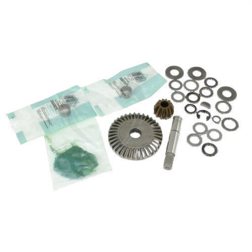 Set of metal gears, shaft, washers, and seals included in a transaxle shaft kit for tools and home improvement use