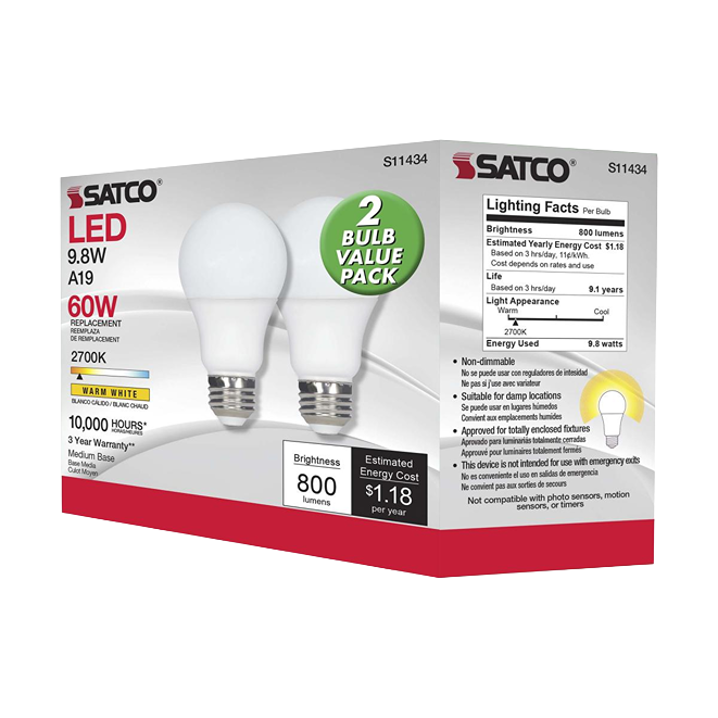Packaging of Satco LED A19 light bulbs with warm white 2700K glow, 800 lumens, energy details visible in lighting collection