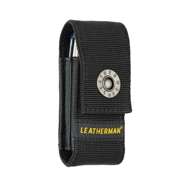 Black ballistic nylon sheath with reinforced stitching and snap closure for 4.5 in. multi-tools, ideal for hand and woodworking tools.