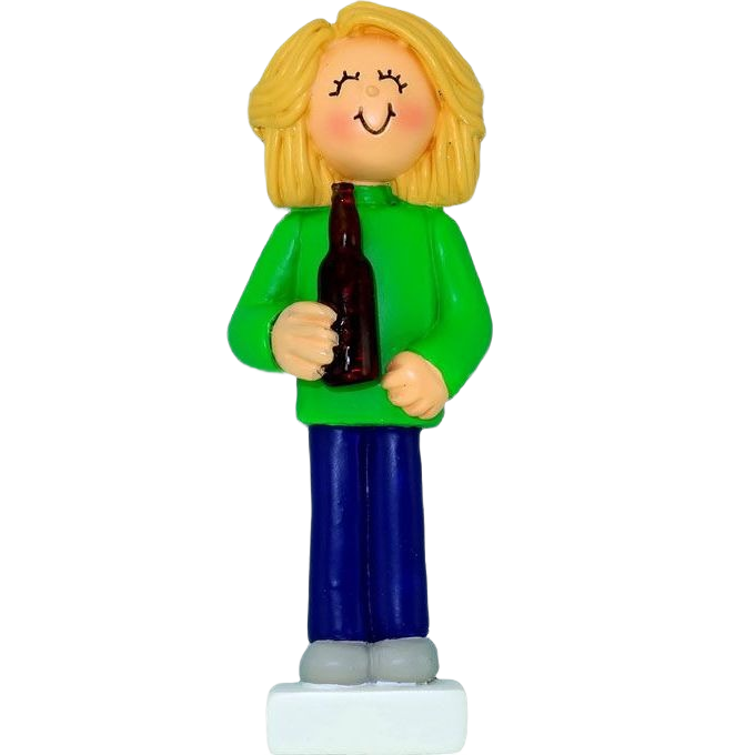 Blonde female figurine with green top holding a brown bottle for Christmas Ornaments & Tree Decorations collection under $50