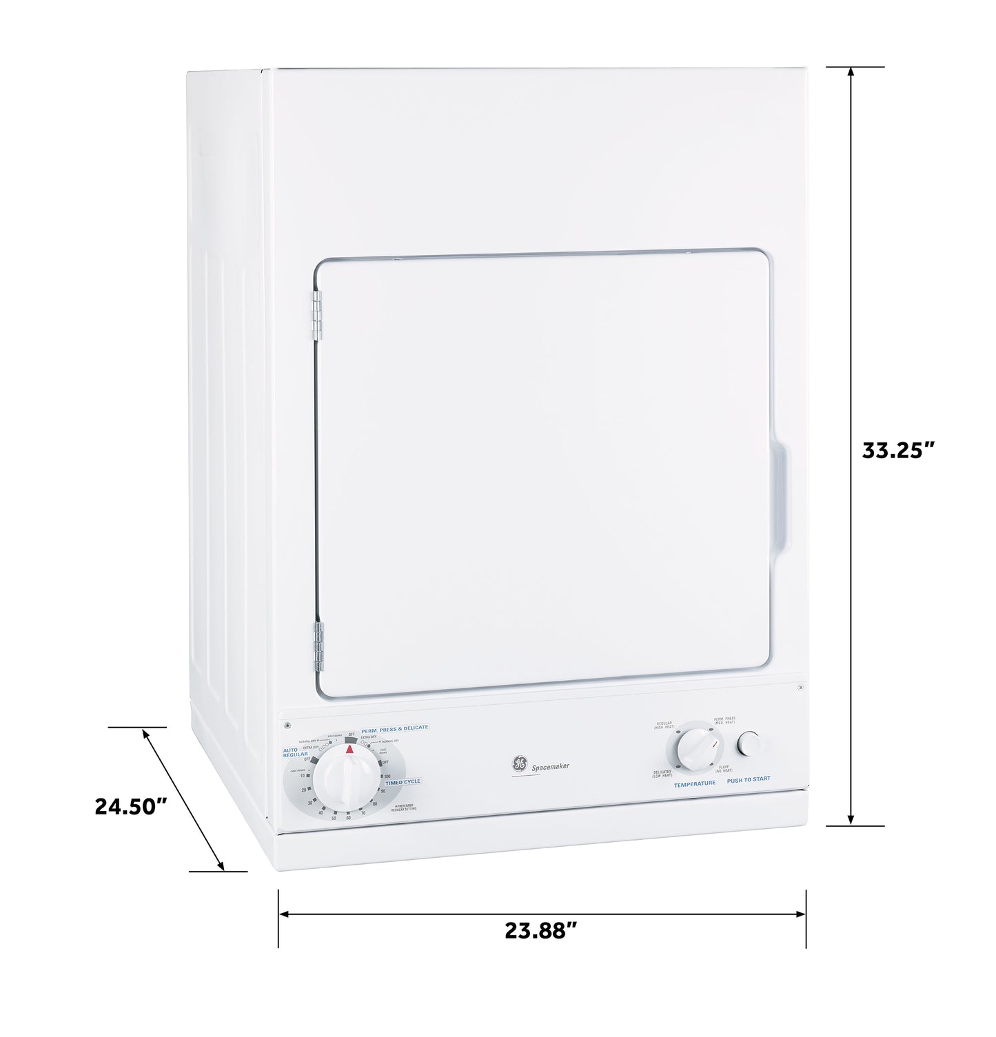 White stationary electric dryer with front door, cycle and temperature dials, shown with height, width, and depth measurements