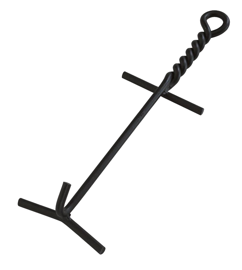 Black cast iron lid lifter with spiral handle and hooked ends for safely removing heavy cookware lids in kitchenware collections.