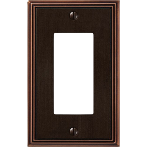 Aged bronze single-gang metal rocker wall plate with a classic metro line design for home improvement use