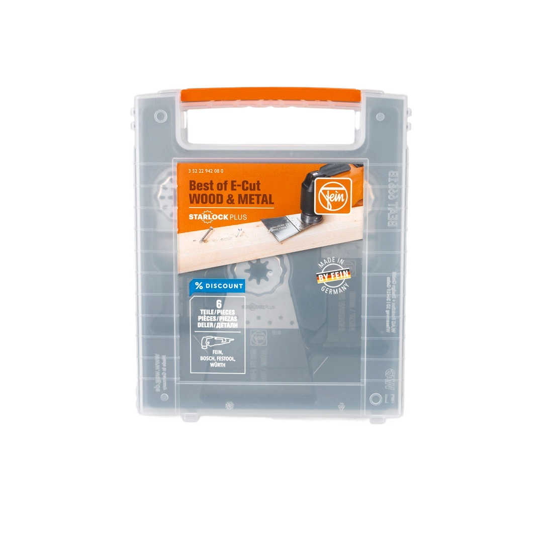 Transparent carrying case with orange handle holding six Starlock oscillating saw blades for woodworking tools accessory collection