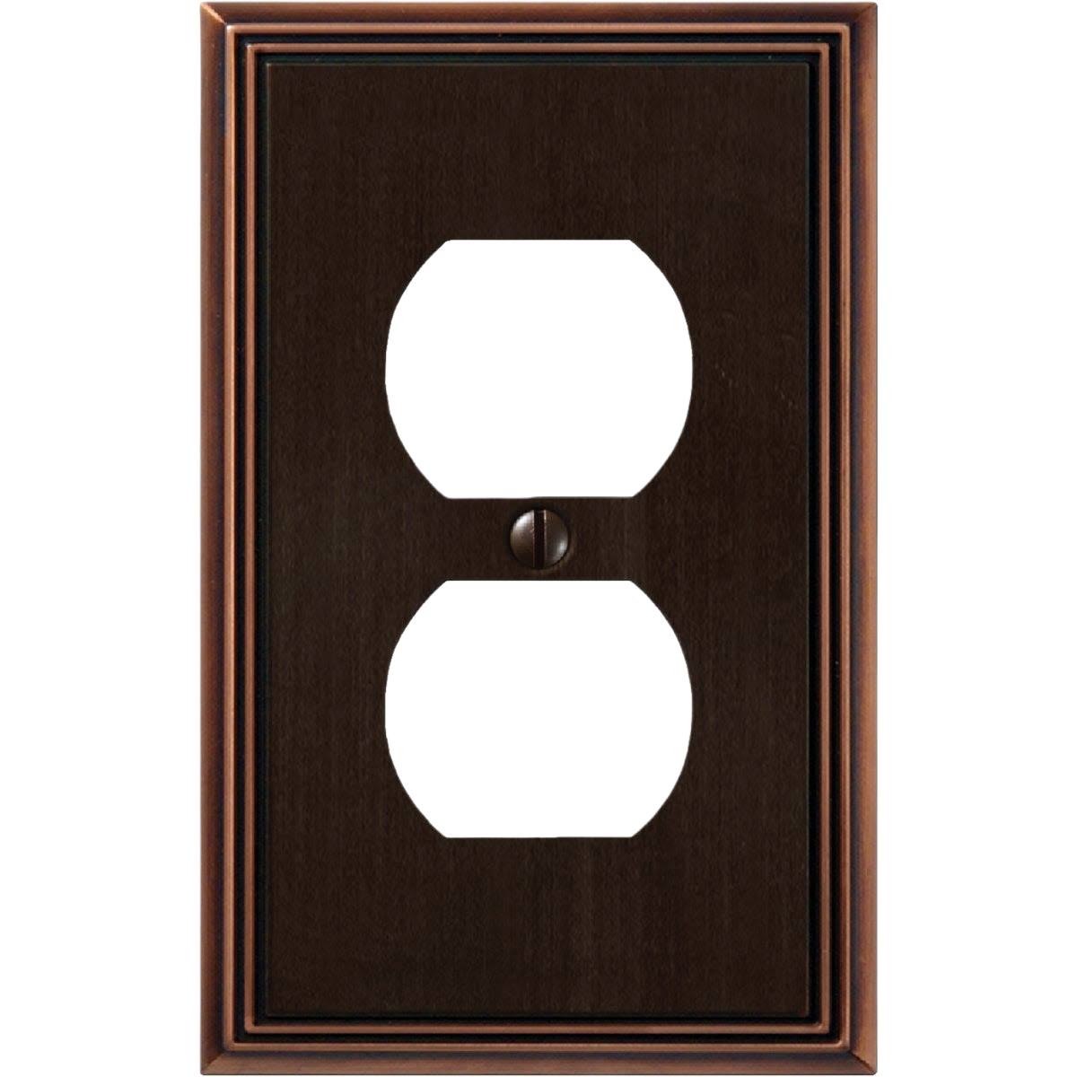 Aged bronze cast metal wall plate with classic beveled edges for a single duplex electrical outlet in home improvement.