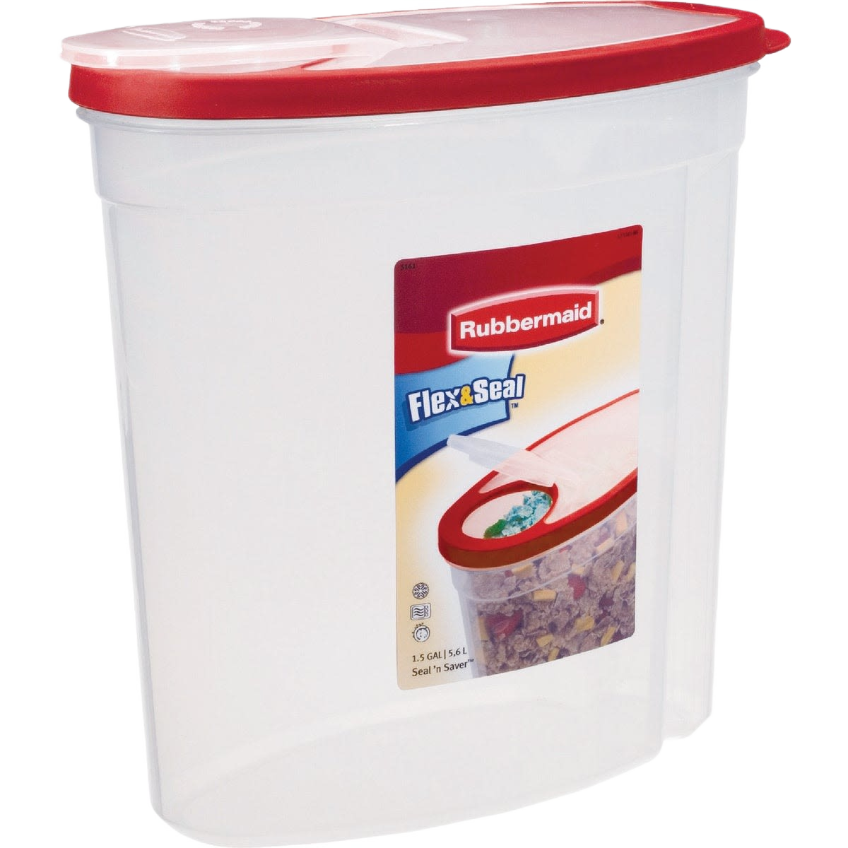 Clear plastic cereal storage container with red flexible lid for countertop organization and pantry storage solutions