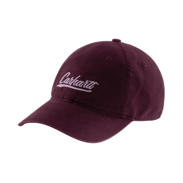 Deep blackberry-colored cotton canvas cap with curved brim and white script logo embroidery, designed for casual and workwear use.