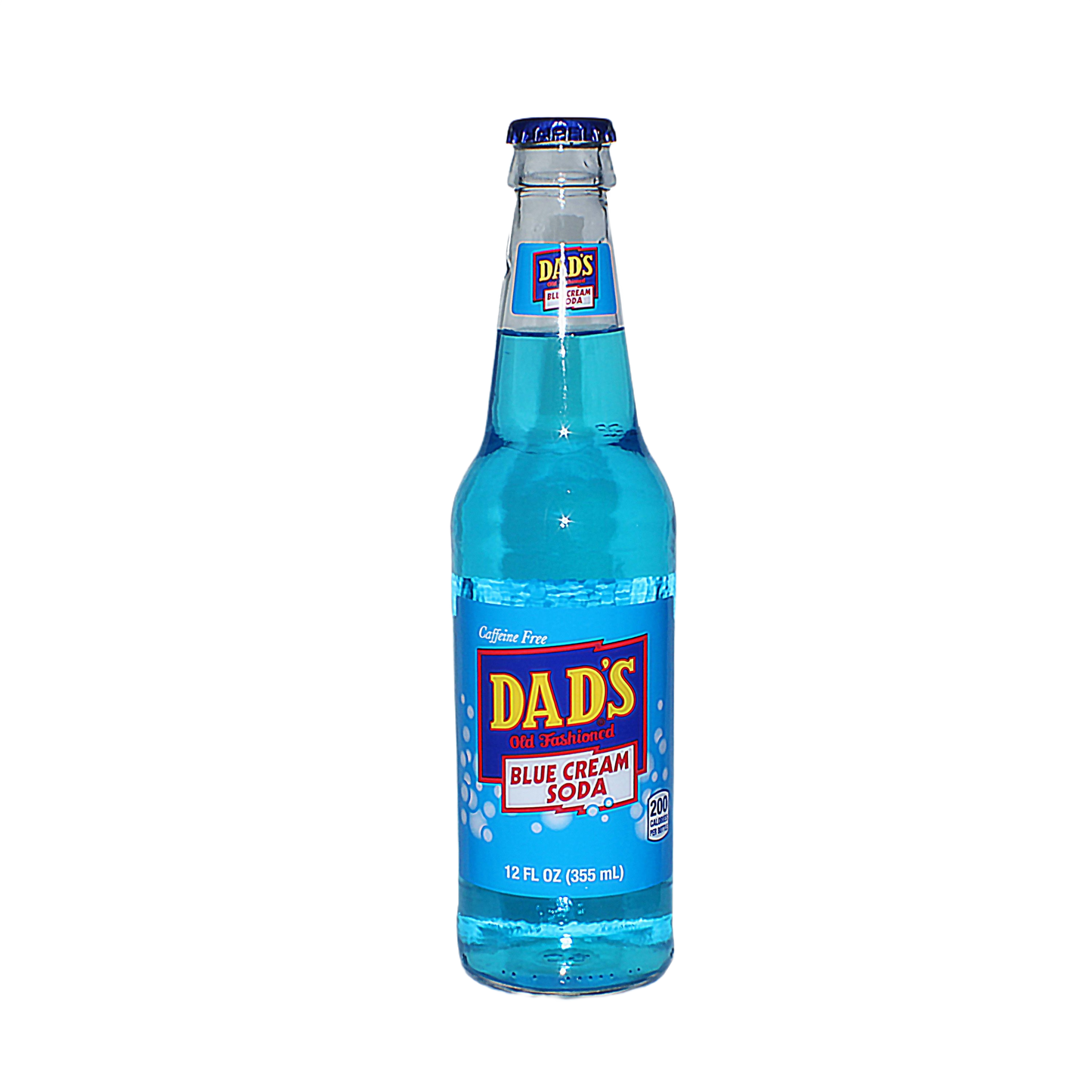 Clear glass bottle of Dad's blue cream soda with vintage label in food and beverage drink collection under $25