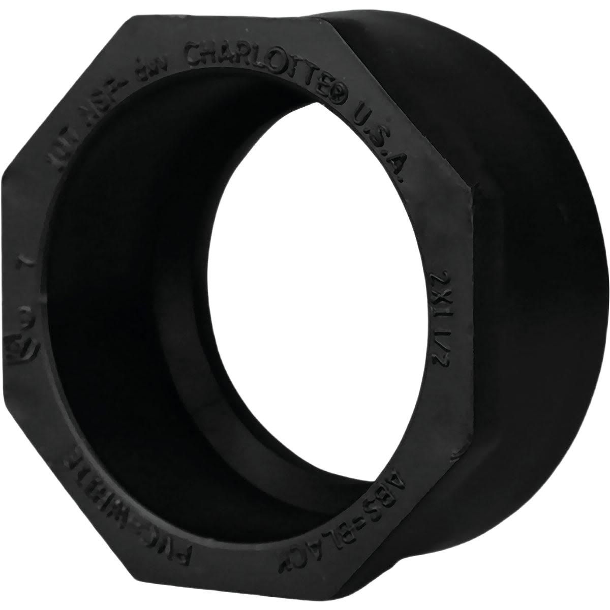 Black ABS reducing bushing for plumbing applications, connecting 2 inch spigot to 1-1/2 inch hub pipe fittings in Pipes & Fittings collection