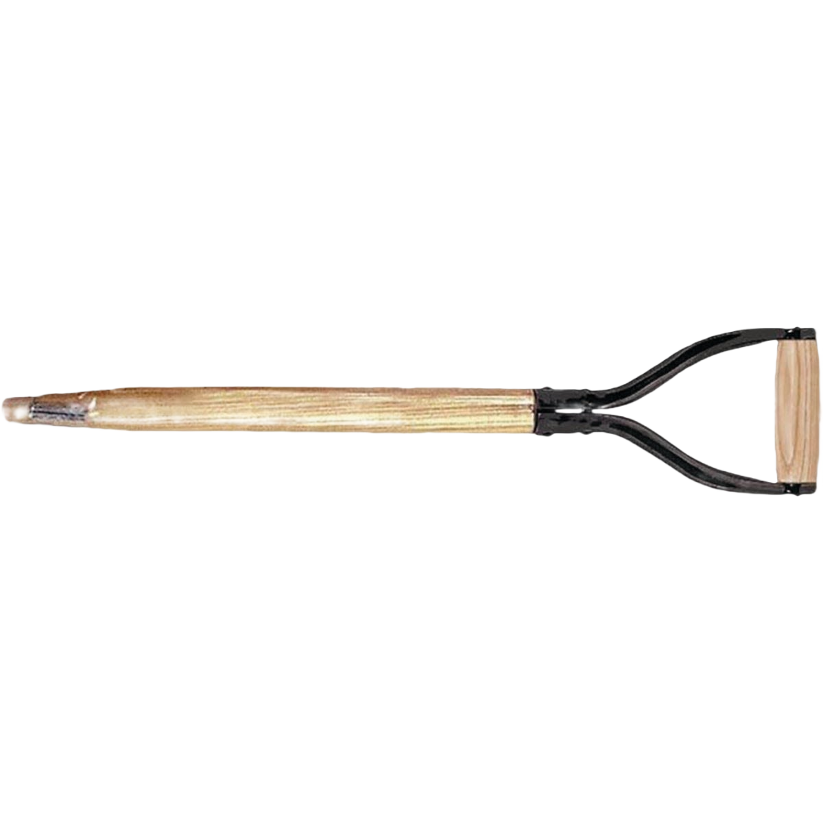 Straight wooden shovel handle with black steel D-grip designed for home improvement and tools use