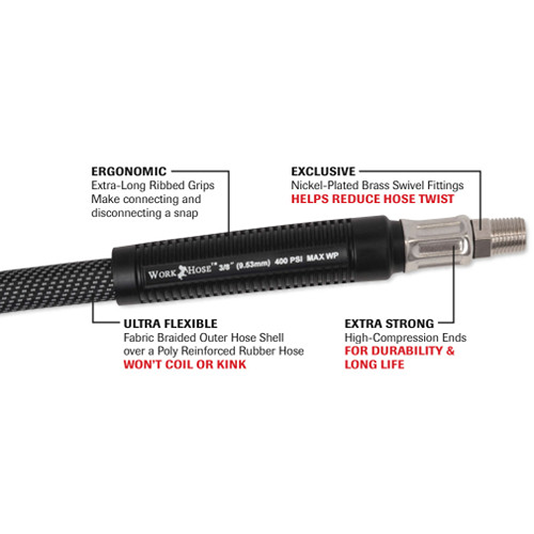 Close-up of flexible 3/8 inch work hose with brass swivel fittings and reinforced fabric braid for air tools and home improvement