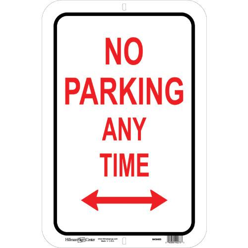 Rectangular no parking sign with red block letters and arrows, part of home improvement hardware and signs collection.