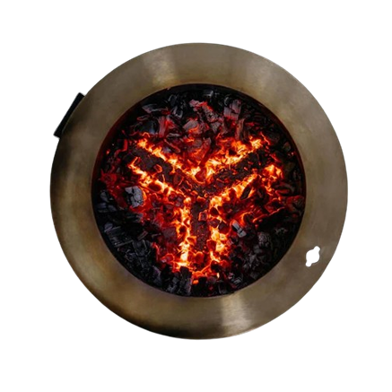 Top-down view of glowing embers inside a metal fire pit for outdoor living and patio furniture collections