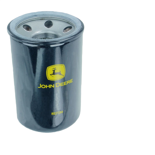 Black cylindrical hydraulic oil filter with yellow John Deere logo and model number printed on the side