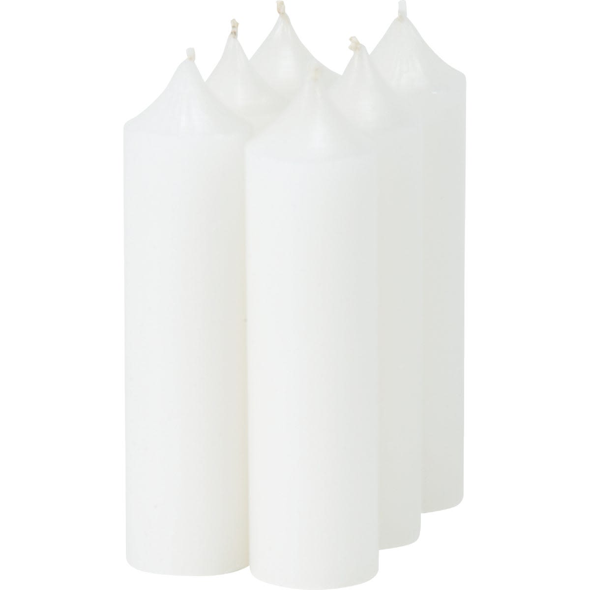 Set of five tall white unscented wax candles with pointed tops for home ambiance and decoration