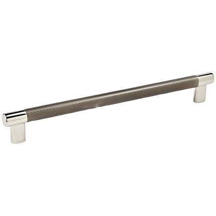 Industrial design cabinet pull with polished nickel ends and textured gunmetal grip for home improvement hardware collections
