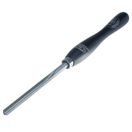 Short bowl gouge with polished steel blade and ergonomic dark wooden handle for woodworking and home improvement tasks
