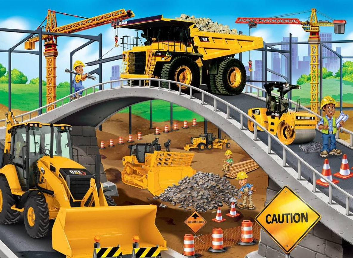 Children’s jigsaw puzzle scene with yellow construction vehicles and workers at a bridge building site