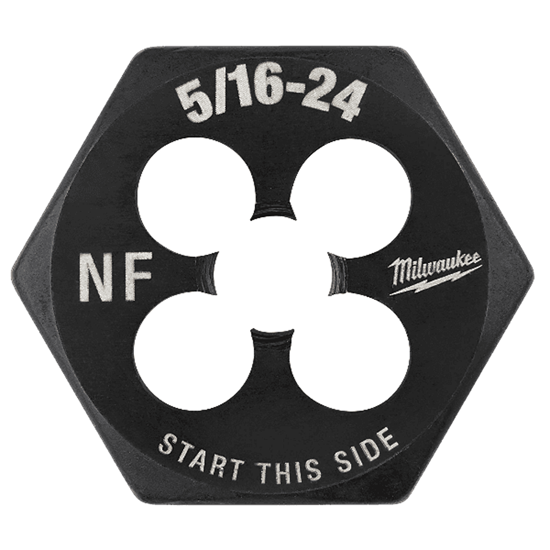 Black hexagonal threading die with 5/16-24 NF size markings and engraved brand logo for tools and home improvement tasks