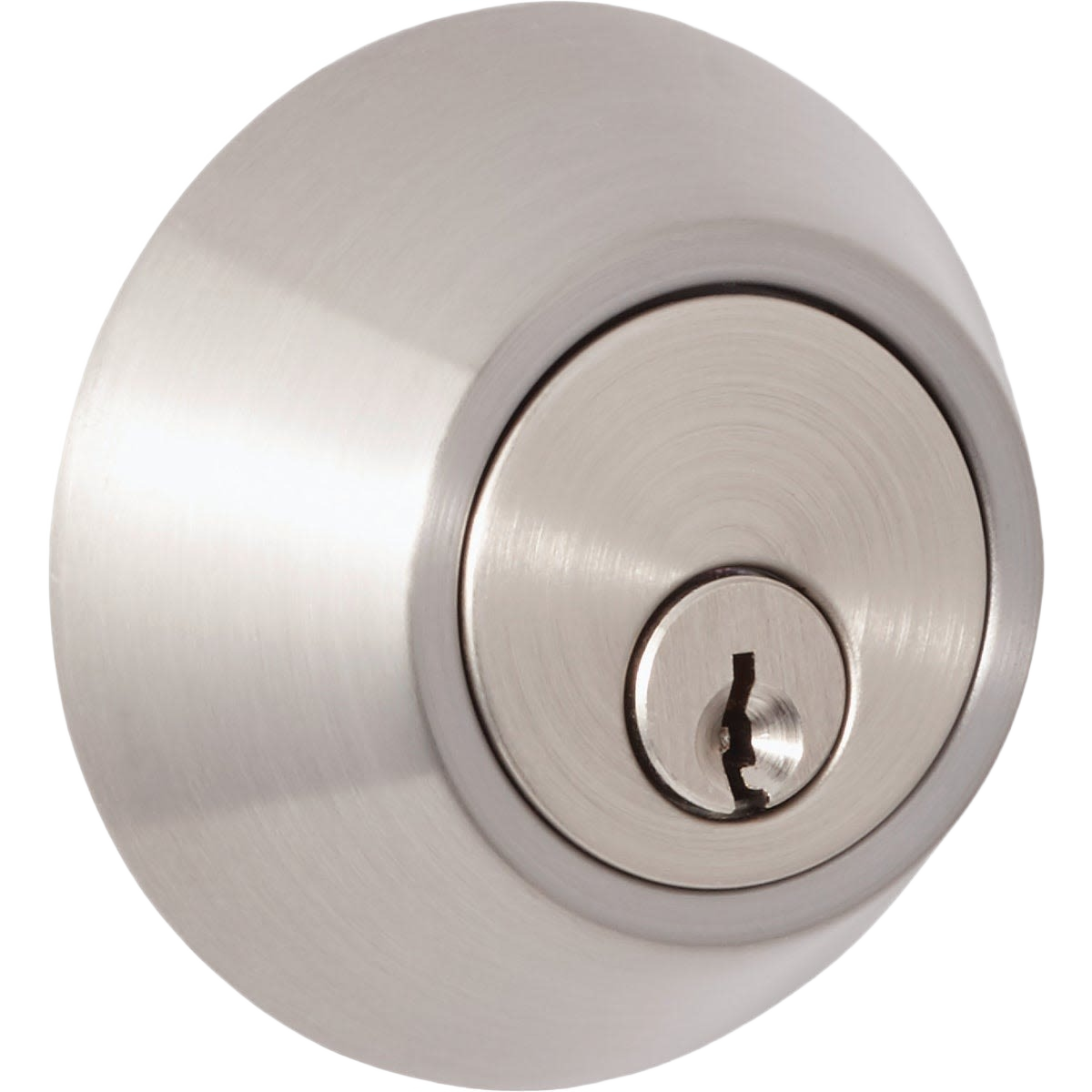 Brushed nickel finish single cylinder deadbolt lock for doors, part of door hardware and home improvement collections